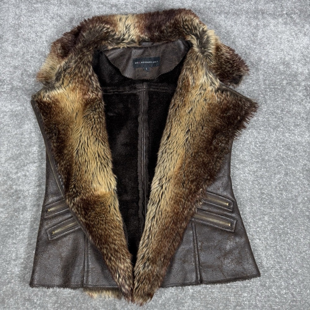 Members Only Vest Women's Large Brown Natalie Moto Faux Fur Full Zip - Picture 4 of 10